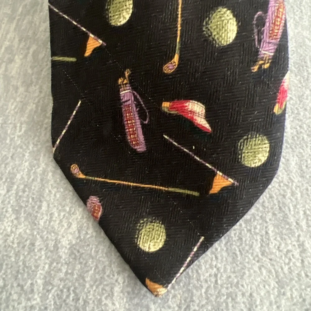 Prima Silk‎ Tie Men's Golf Balls Clubs Flags Fathers Day Black Colorful Career